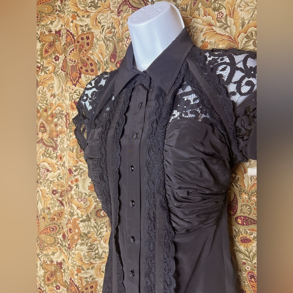 Vintage Bebe Silk Button Up Blouse w/Sheer Lace Burlesque Retro Pinup Goth XS - Picture 9 of 11